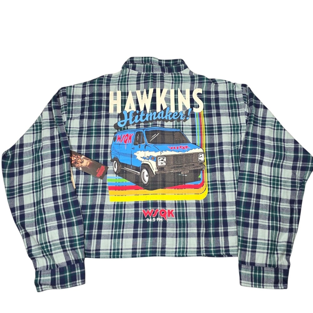 Stranger Things No Boundaries Crop Flannel‎ Shirt Hawkins WSQK Teal Plaid L NWT